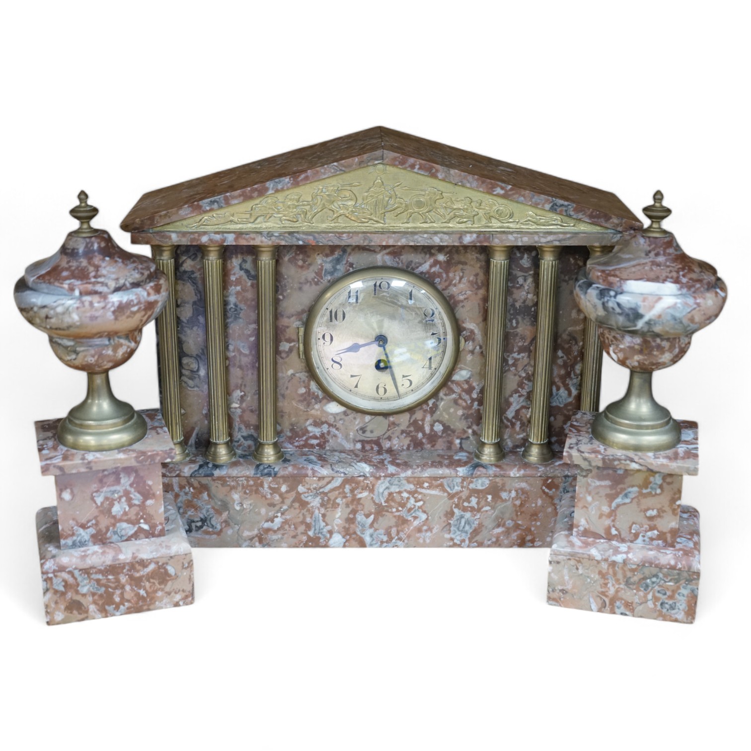 A Victorian rouge marble clock garniture, 30.5cm high. Condition - fair to good